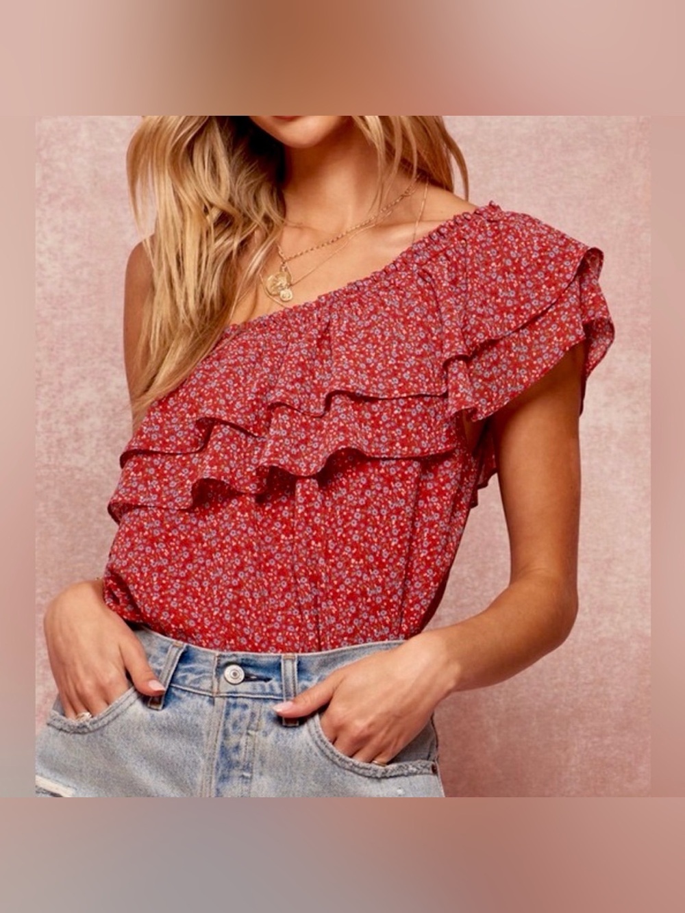 Promesa Red Floral One-Shoulder Ruffle Bodysuit